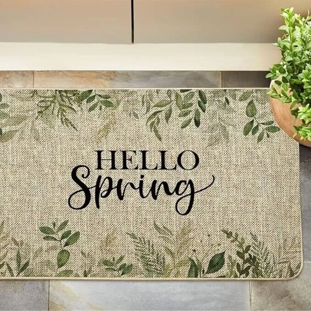 Hello Spring Leaves Farmhouse Indoor Outdoor Non Slip Door Mat 27x17